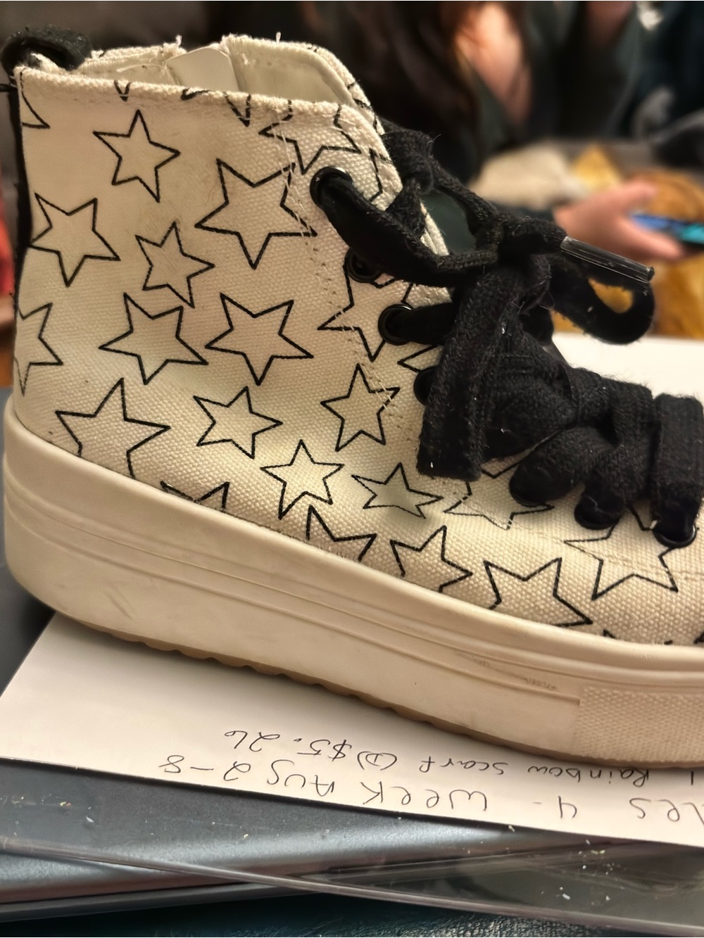 art class Cream Canvas High-Top Sneakers with Black Star Print